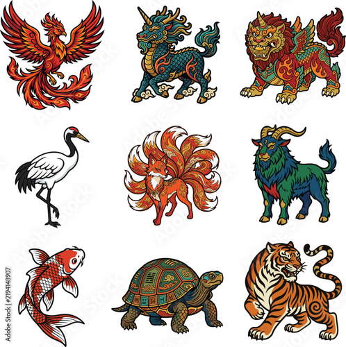 Set of Asian Mythical Creatures and Symbolic Animals Vector Illustrations