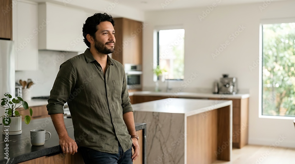 Fototapeta premium A handsome middle-aged man standing in his modern kitchen looking away thoughtfully.