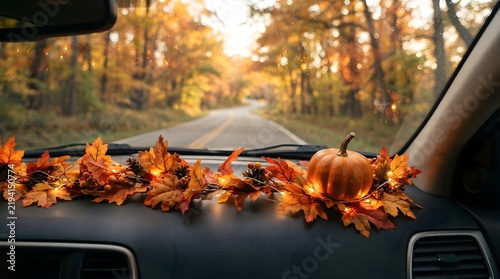 Cozy autumn road trip view from inside a car with fall dashboard decorations