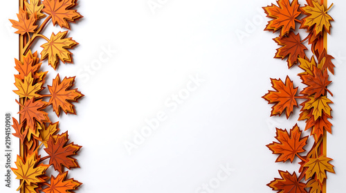 Maple leaves paper-cut border design with warm autumn colors featuring foliage, frame