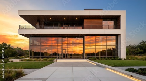 Modern Architectural Building with Glass Facade Reflecting Sunset Sky During Golden Hour