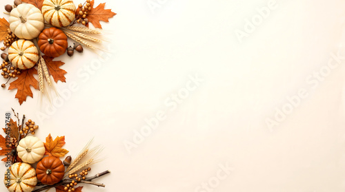 Mini pumpkins and autumn leaves arrangement with wheat stalks, a seasonal harvest border