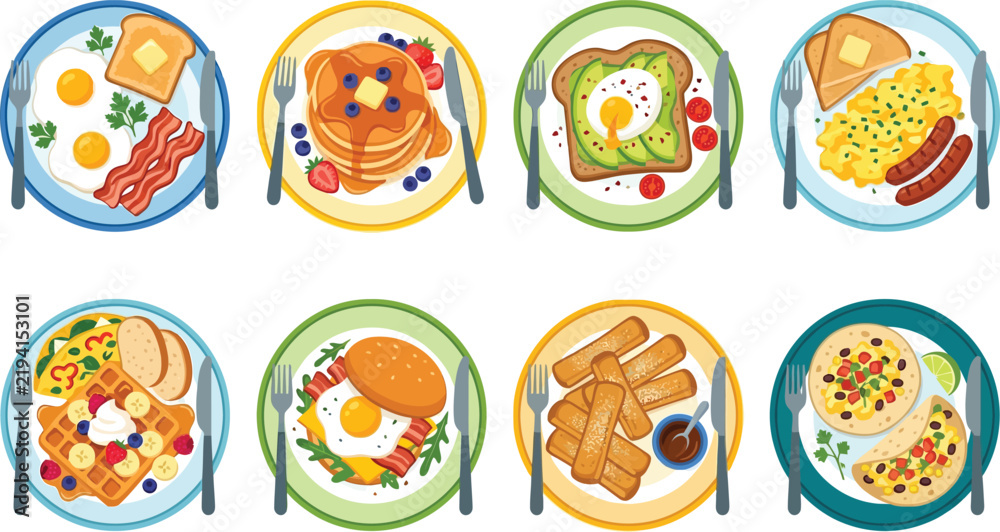 Fototapeta premium Collection of diverse breakfast plates featuring eggs bacon pancakes waffles and avocado toast flat vector illustration for food concepts