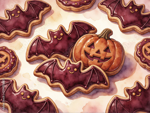 Halloween bat and pumpkin sugar cookies watercolor illustration