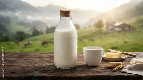 Fresh farm milk and butter on rustic wooden table overlooking green alpine meadows