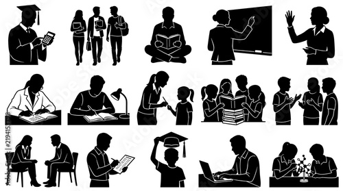 Educational Settings and Learning Environments Featuring Students and Teachers in Classroom and Study Scenarios