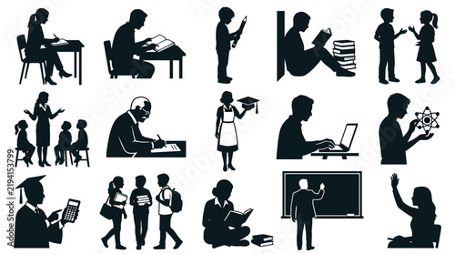 diverse silhouettes representing various educational activities and learning environments emphasizing student, teacher, and