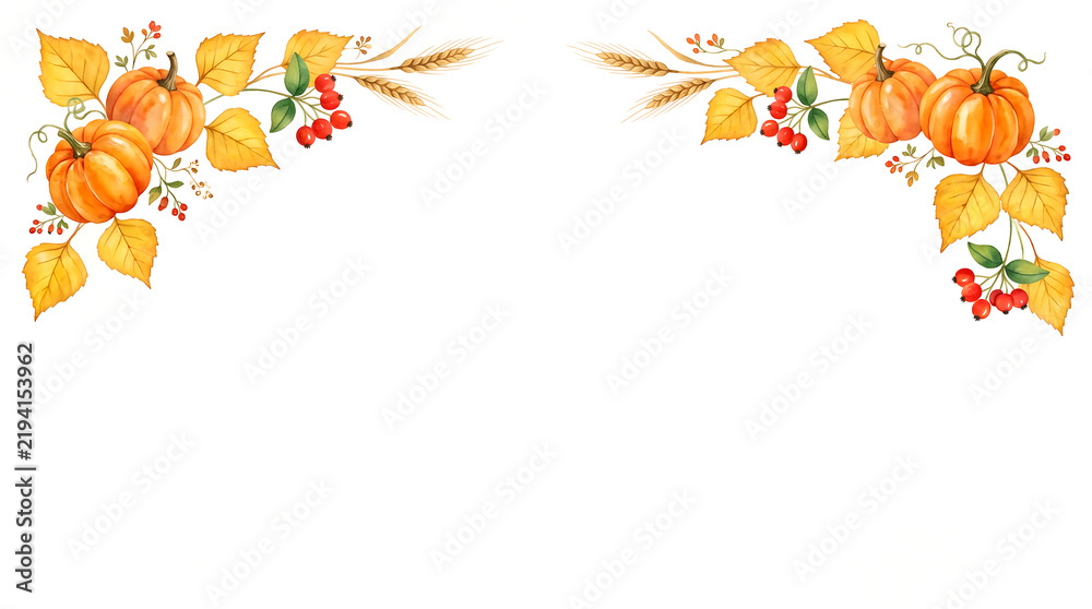 Fototapeta premium Pumpkins and autumn leaves watercolor border design. harvest season illustration with berries