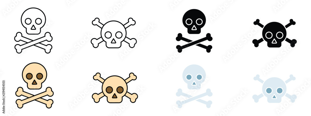 Fototapeta premium Skull and crossbones hazard icons set vector illustration. Human skull with crossed bones toxic poison danger symbol in outline, glyph, filled line, and flat style for safety alert design.
