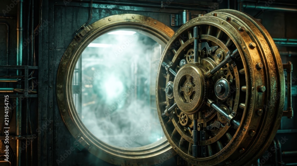 Obraz premium Heavy metal vault door open revealing glowing steam inside