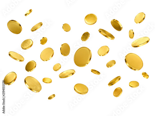 Floating gold coins collection on transparent background ideal for jackpot winnings and wealth creation visuals.