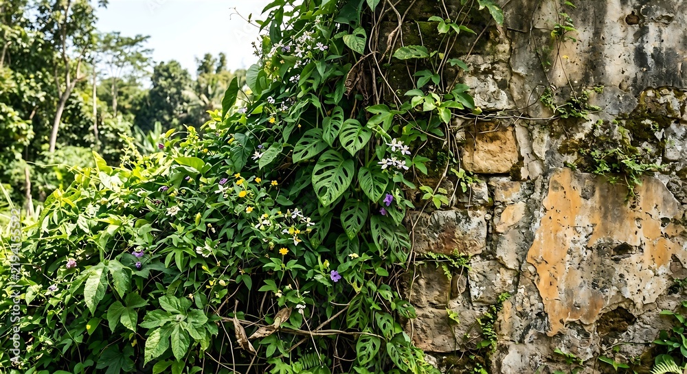 Naklejka premium Lush Monstera Adansonii Vine Climbing On Weathered Old Stone Wall With Flowers
