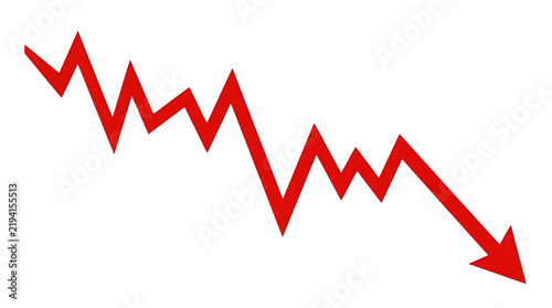 Red jagged line graph arrow pointing downwards indicating a financial decline, economic crisis, or negative trend, isolated on transparent background