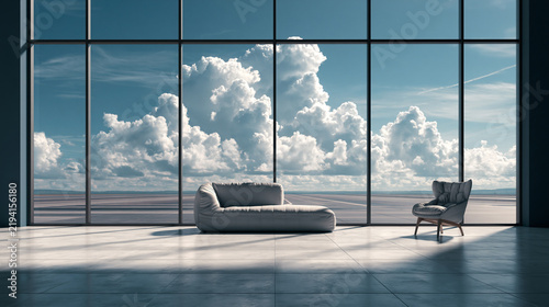 Minimalist airport lounge interior with large window view