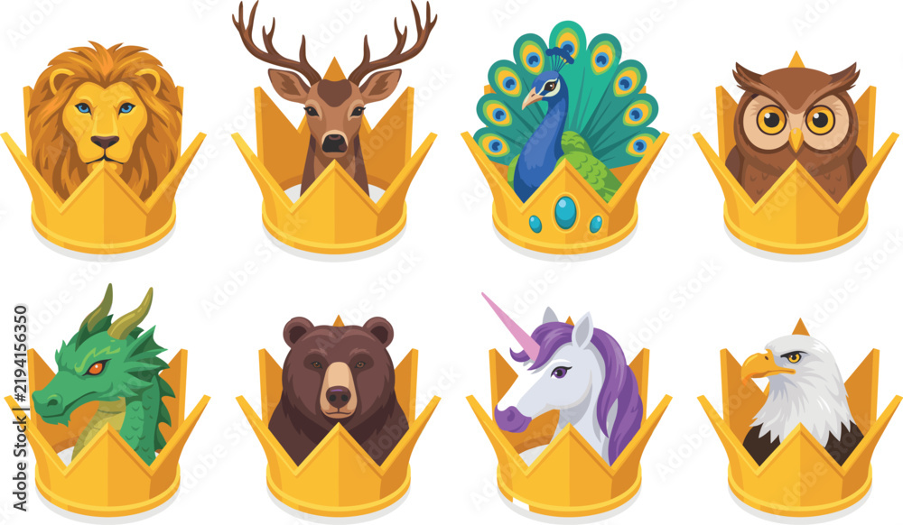 Obraz premium Eight Colorful Animal Crown Character Illustrations