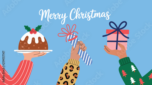 Christmas illustration with hands holding a pudding, a gift, and a candy cane on a blue background