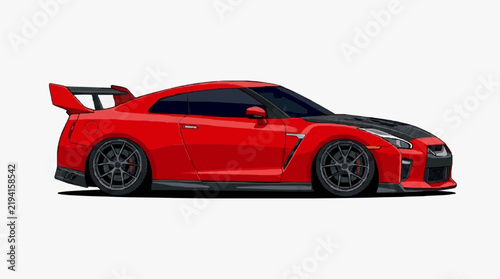 Striking Red Sport Car Side View with Aerodynamic Spoiler and Racing Wheels