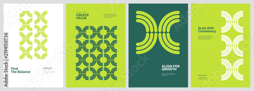 Set of abstract geometric posters with minimalist line art patterns and business growth typography