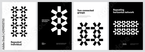 Set of four minimalist posters featuring geometric patterns of hexagonal and rectangular shapes