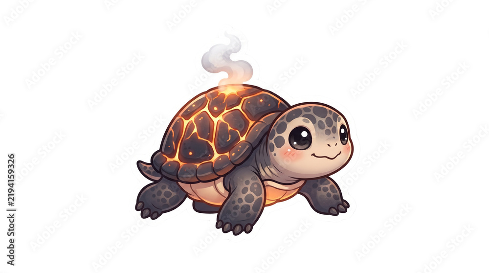 Obraz premium Fantasy lava turtle character with smoking volcanic shell, cute baby fire tortoise illustration, mythical creature on white background