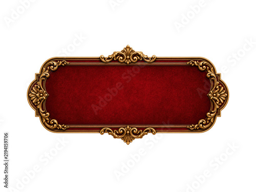 Luxurious gold ornate frame with deep red velvet background vintage decorative signboard for royal invitation.
