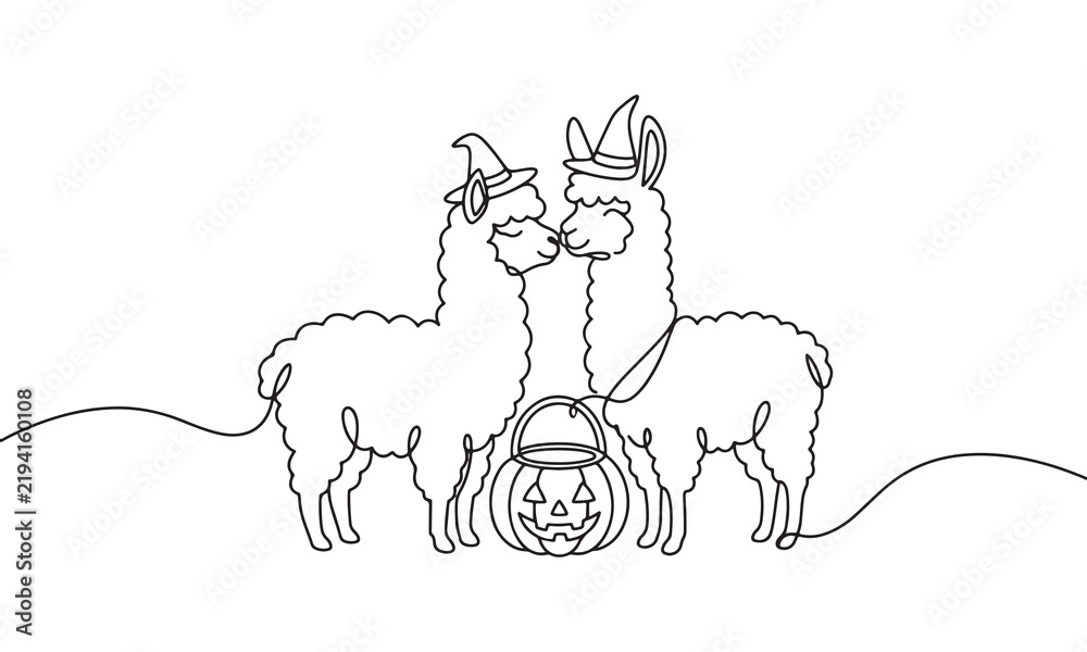 Fototapeta premium Continuous line of two cute llamas wearing witch hats standing next to a carved jack-o-lantern pumpkin for a fun halloween celebration on a white background