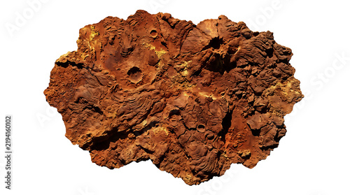 Top view of Mars planet surface piece with craters and rocky formations.