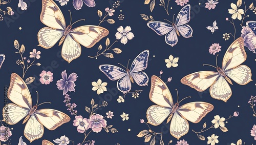 A beautiful floral pattern featuring delicate butterflies and vibrant flowers on a dark background, perfect for nature-inspired designs, textiles, wallpapers, and creative projects