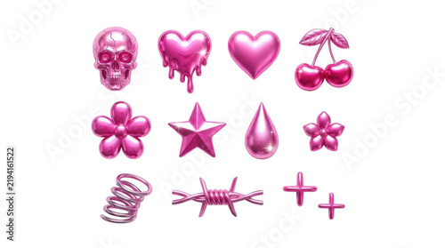 Set of 3d metallic pink y2k aesthetic icons including skull, melting heart, cherries, star, flower, barbed wire, and spring isolated on transparent background