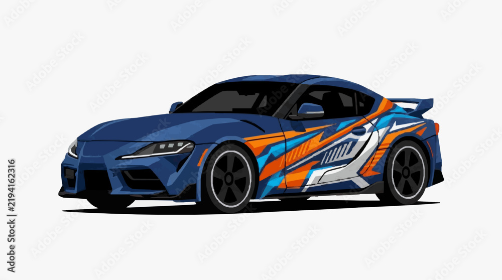 Fototapeta premium Stylish Racing Sports Car with Vibrant Blue Orange and White Camouflage Design