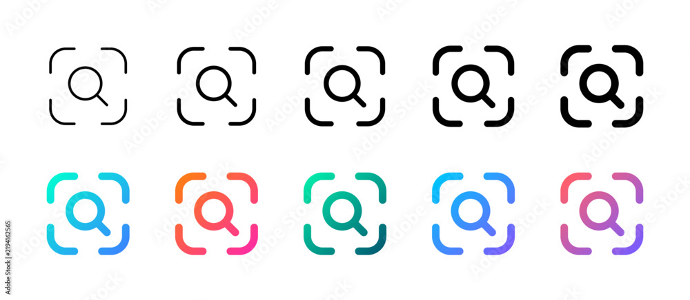 Obraz premium Set of search scan icons featuring a central magnifying glass within framed view corners, shown in varying stroke weights and vibrant gradient fills for camera scanning and image search UI.