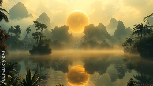 A breathtaking sunset illuminates the serene landscape, reflecting off a tranquil lake surrounded by lush mountains and palm trees, creating a peaceful and idyllic atmosphere.