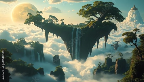 A breathtaking view of floating islands surrounded by clouds, featuring lush greenery and majestic waterfalls, evoking a sense of wonder and tranquility in a fantastical world.