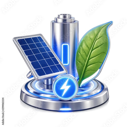 3D icon of a metal battery with a solar panel and a green leaf representing sustainable energy concept