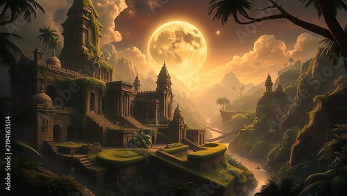 A mystical ancient temple set amidst lush greenery under a glowing full moon, merging nature and history in a breathtaking landscape, inviting exploration and wonder.