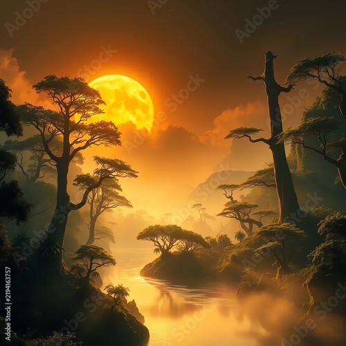 A serene landscape at sunset, showcasing vibrant colors reflecting on a tranquil river surrounded by majestic trees. A perfect harmony of nature's beauty and peacefulness.