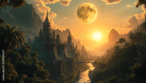 A stunning sunrise illuminates a mystical temple nestled in lush greenery, as the moon hangs overhead