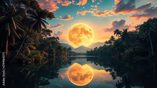 A stunning sunset landscape featuring a vibrant orange moon reflecting on a serene lake surrounded by lush vegetation and majestic mountains, creating a perfect harmony in nature.