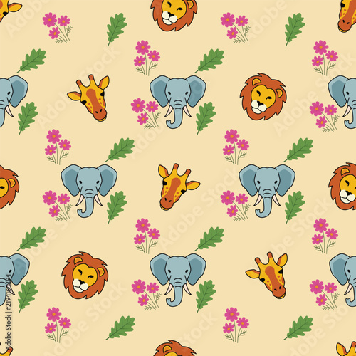 Background with animal patterns of elephants, giraffes, lions and flowers in cream shades
