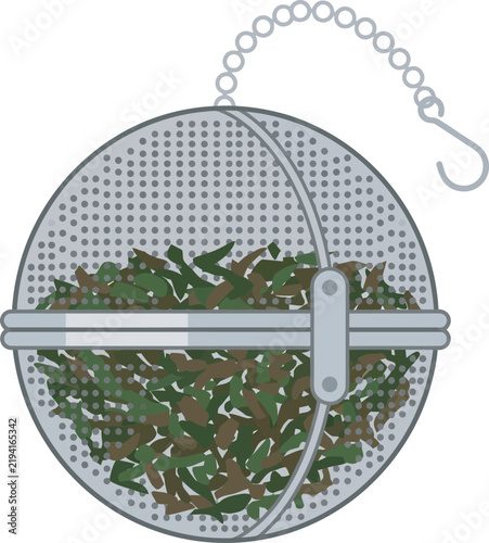 Perforated metal tea ball infuser vector icon filled with loose tea leaves, arched latch bar, and chain with hook. Ideal flat graphic for tea shops, herbal blogs, beverage menus, recipe apps, and web 