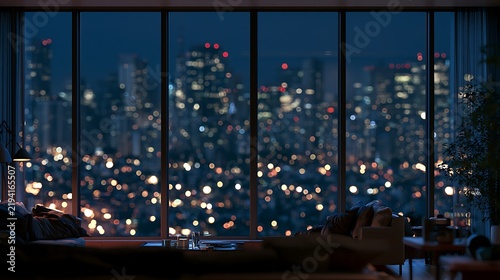 Modern luxury apartment living room with panoramic night city skyline view.