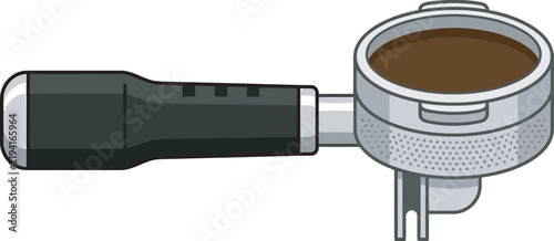 Espresso machine portafilter vector icon filled with freshly tamped coffee grounds and black handle. Ideal flat graphic for coffee shop menus, barista blogs, cafe branding, recipe apps, and web UI.