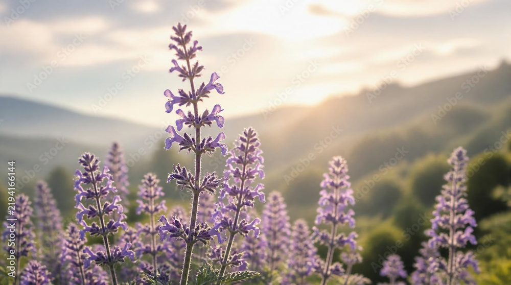 Fototapeta premium Purple Lavender Flowers Blooming in a Field During Golden Hour Sunset with Misty Mountain Background