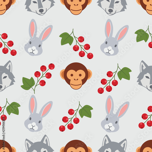 Animal pattern background featuring monkeys, rabbits, wolves, and berries.