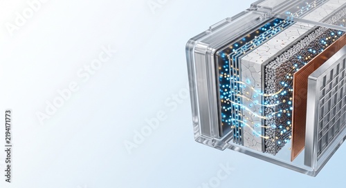 Solid state battery cross section showing internal cell structure energy storage technology copy space