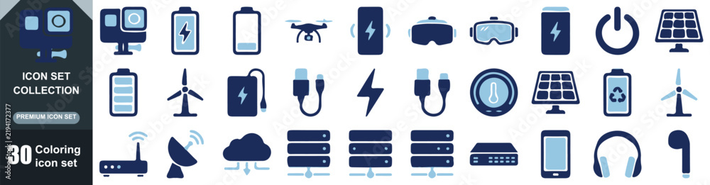 Obraz premium Digital technology icon collection features blue hardware components for modern electronics engineering and web design tasks.