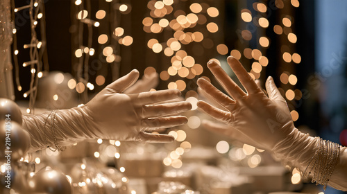 Elegant shop window display with festive lights and hands