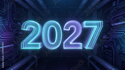 Futuristic 2027 year text render. Glowing cyan and purple neon numbers inside a dark cybernetic corridor. Circuit board patterns on metallic walls. Digital countdown banner for tech projects