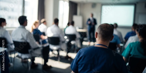 Blurred medical conference audience in a seminar hall showcasing doctor attire, presentation screen and seated attendees, illustrating professional healthcare training and medical education
