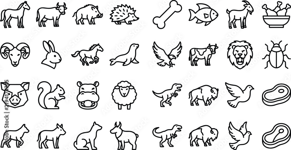 Fototapeta premium Animal Line Icon Mega Set Featuring Domestic Pets Wildlife Farm Mammals Dinosaurs Birds and Meat Food Symbols for Education and Graphic Design